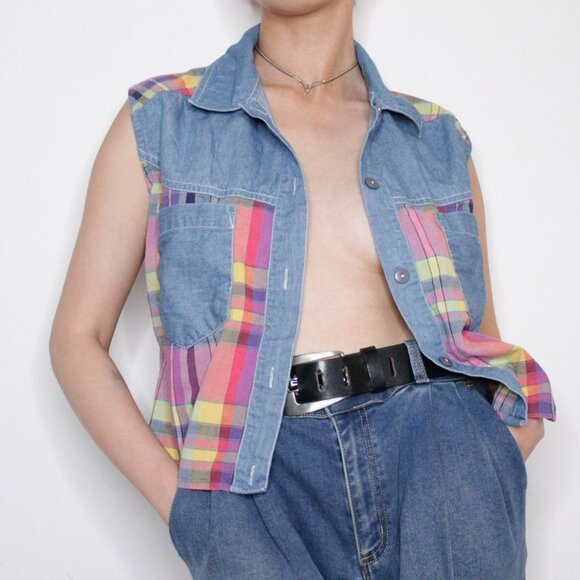 Women's Plaid Denim Sleeveless Top Size S - Picture 1 of 7